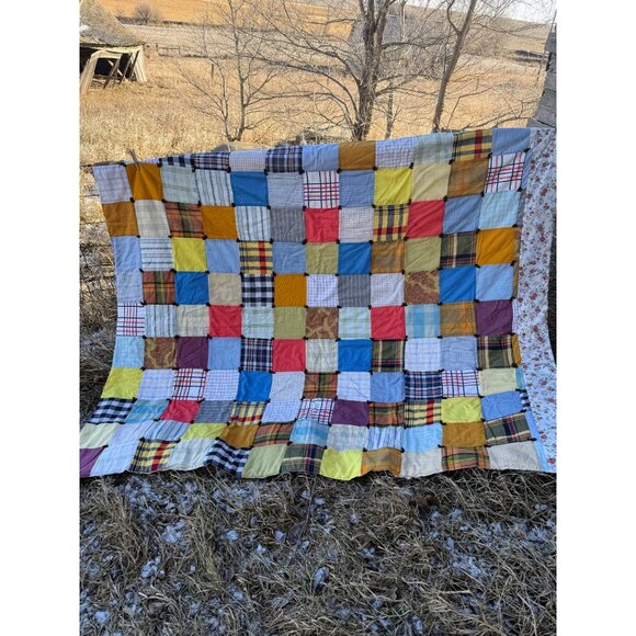 Vintage 50's Quilt From Mens Shirts Fabric Patchwork Tied 68x79" - Picture 2 of 16